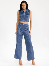 WOMEN'S SLEEVELESS CROP TOP & BUTTON CLOSURE WIDE LEG PANTS WASHED SHIMMER 2PC. SET