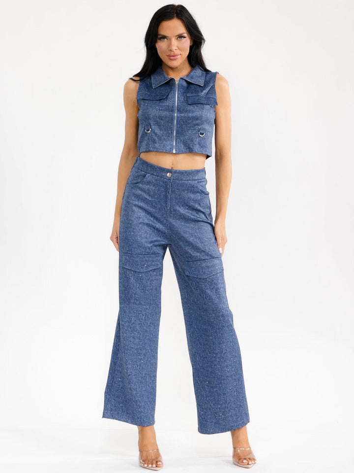 WOMEN'S SLEEVELESS CROP TOP & BUTTON CLOSURE WIDE LEG PANTS WASHED SHIMMER 2PC. SET