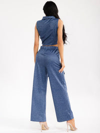 WOMEN'S SLEEVELESS CROP TOP & BUTTON CLOSURE WIDE LEG PANTS WASHED SHIMMER 2PC. SET