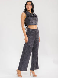 WOMEN'S SLEEVELESS CROP TOP & BUTTON CLOSURE WIDE LEG PANTS WASHED SHIMMER 2PC. SET