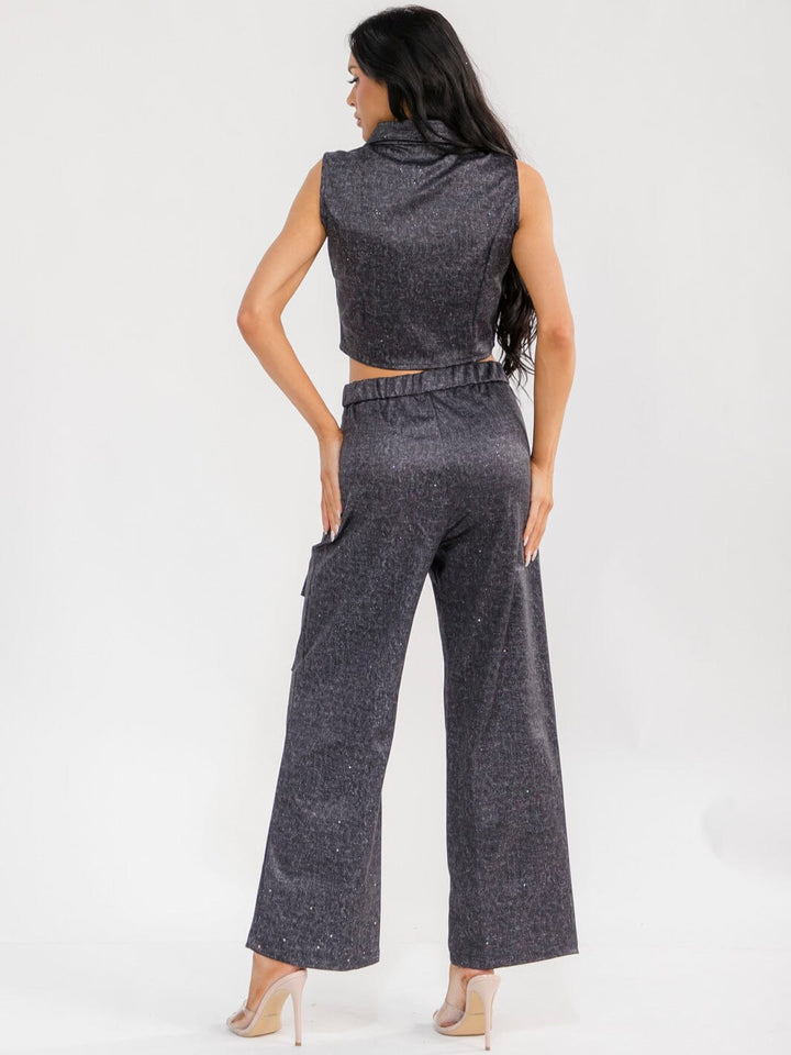 WOMEN'S SLEEVELESS CROP TOP & BUTTON CLOSURE WIDE LEG PANTS WASHED SHIMMER 2PC. SET