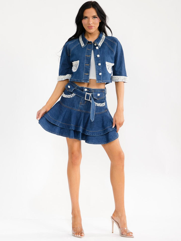 WOMEN'S SHORT SLEEVE BLAZER & BUTTON UP MINI SKIRT PEARL DENIM 2PC. SET