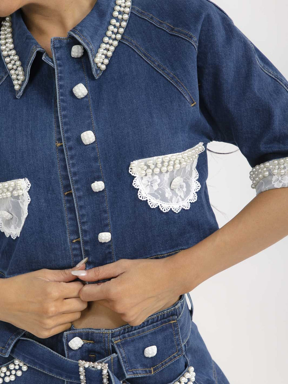 WOMEN'S SHORT SLEEVE BLAZER & BUTTON UP MINI SKIRT PEARL DENIM 2PC. SET