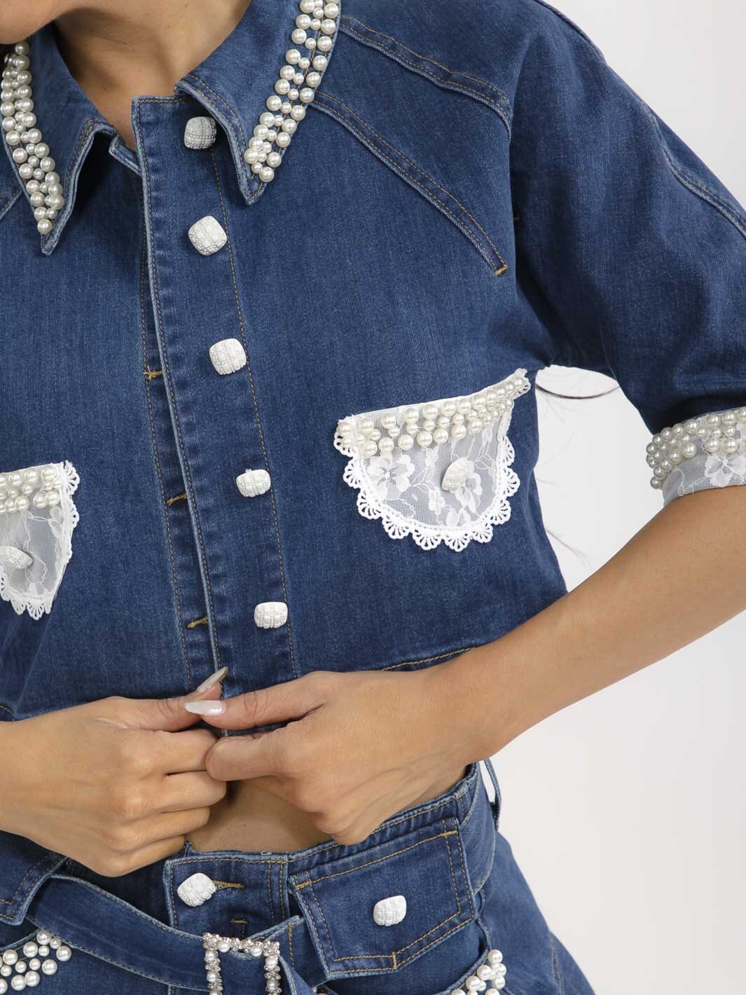 WOMEN'S SHORT SLEEVE BLAZER & BUTTON UP MINI SKIRT PEARL DENIM 2PC. SET