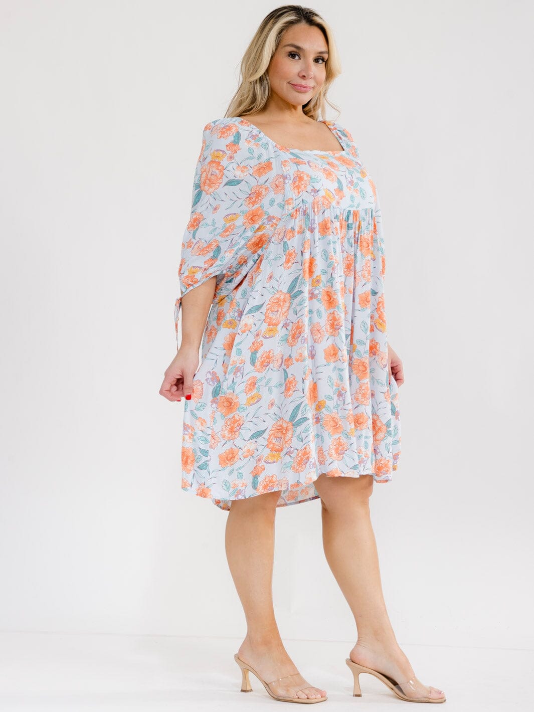 PLUS SIZE SHORT SLEEVE SQUARE NECK FRONT POCKETS FLORAL TUNIC MINI DRESS