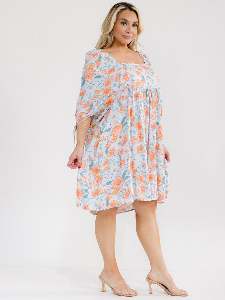 PLUS SIZE SHORT SLEEVE SQUARE NECK FRONT POCKETS FLORAL TUNIC MINI DRESS