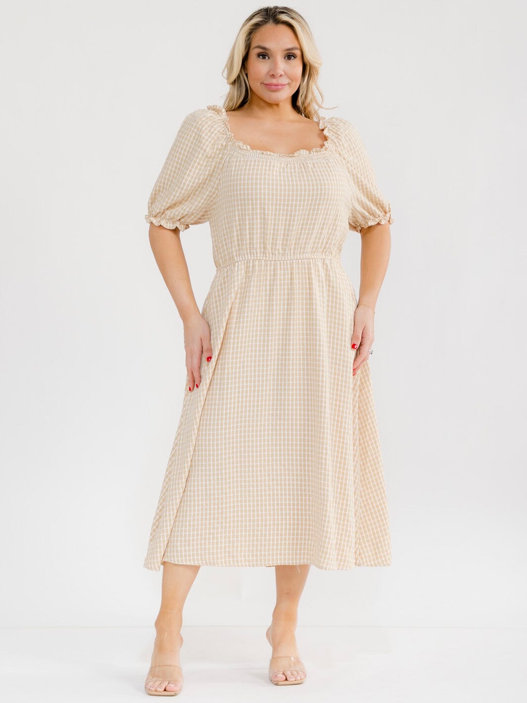 PLUS SIZE SHORT SLEEVE ELASTIC WAIST FRONT POCKETS PLAID MAXI DRESS