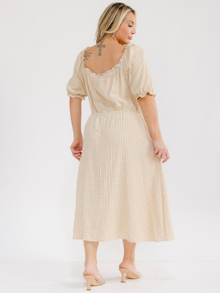 PLUS SIZE SHORT SLEEVE ELASTIC WAIST FRONT POCKETS PLAID MAXI DRESS