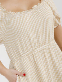 PLUS SIZE SHORT SLEEVE ELASTIC WAIST FRONT POCKETS PLAID MAXI DRESS