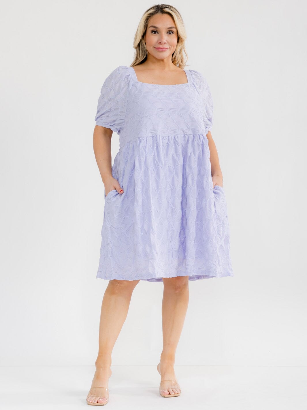 PLUS SIZE SHORT SLEEVE SQUARE NECK FRONT POCKETS DETAILED TUNIC MINI DRESS