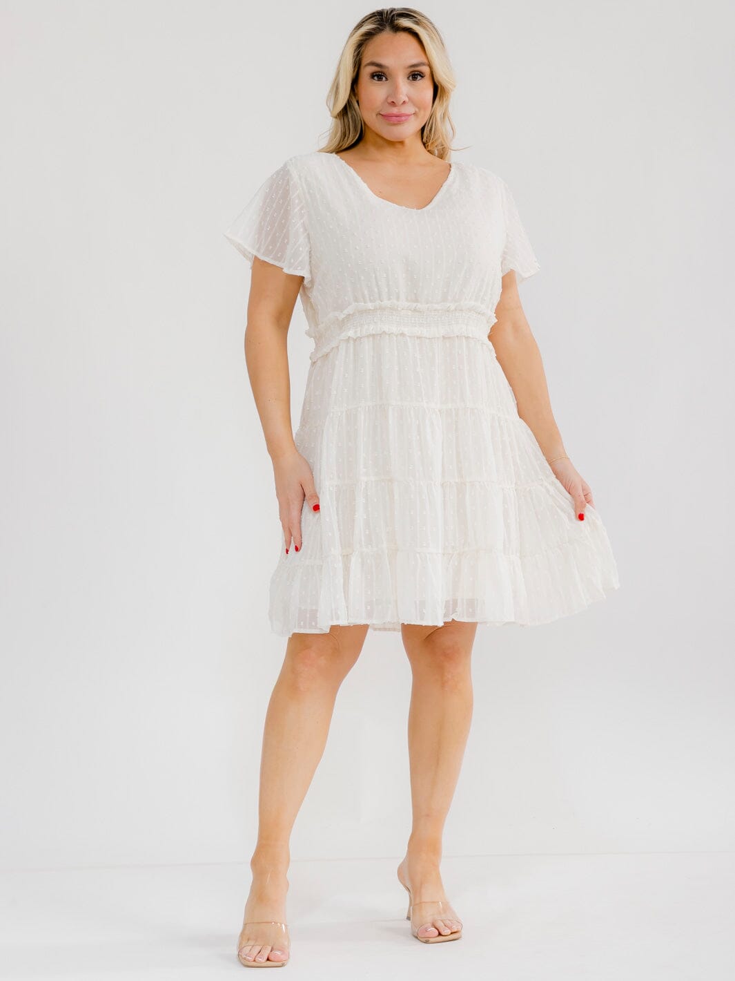 PLUS SIZE SHORT SLEEVE V-NECK ELASTIC WAIST SWISS DOTS MINI DRESS