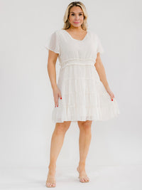 PLUS SIZE SHORT SLEEVE V-NECK ELASTIC WAIST SWISS DOTS MINI DRESS