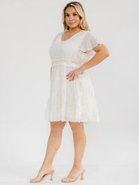 PLUS SIZE SHORT SLEEVE V-NECK ELASTIC WAIST SWISS DOTS MINI DRESS