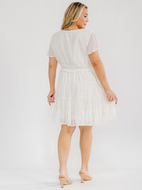 PLUS SIZE SHORT SLEEVE V-NECK ELASTIC WAIST SWISS DOTS MINI DRESS