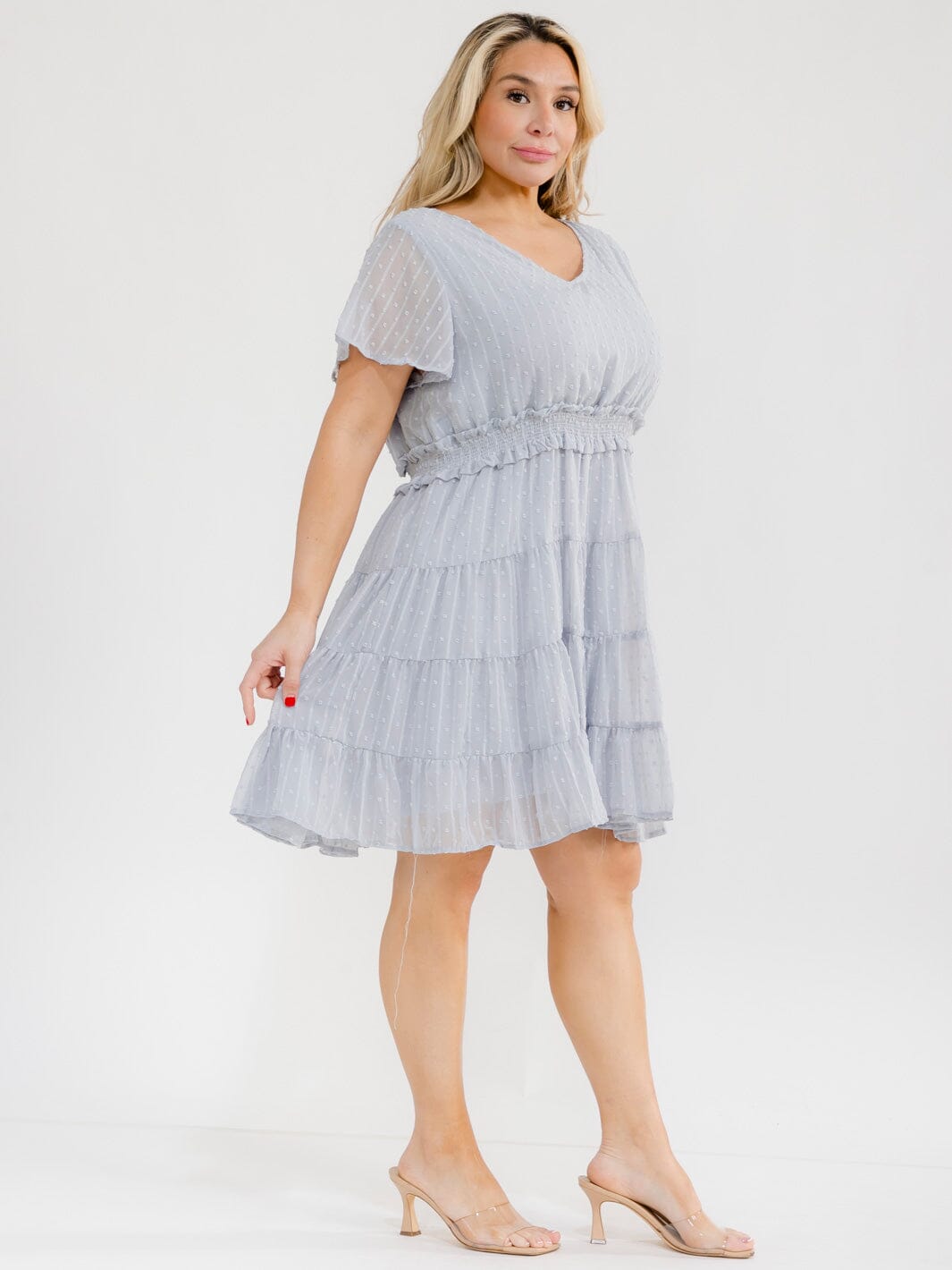 PLUS SIZE SHORT SLEEVE V-NECK ELASTIC WAIST SWISS DOTS MINI DRESS