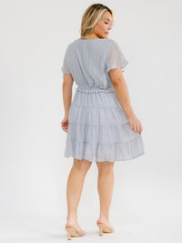 PLUS SIZE SHORT SLEEVE V-NECK ELASTIC WAIST SWISS DOTS MINI DRESS