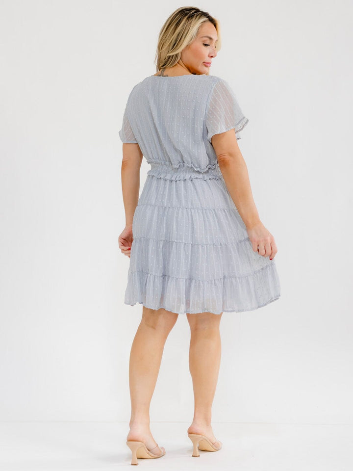 PLUS SIZE SHORT SLEEVE V-NECK ELASTIC WAIST SWISS DOTS MINI DRESS