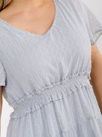 PLUS SIZE SHORT SLEEVE V-NECK ELASTIC WAIST SWISS DOTS MINI DRESS