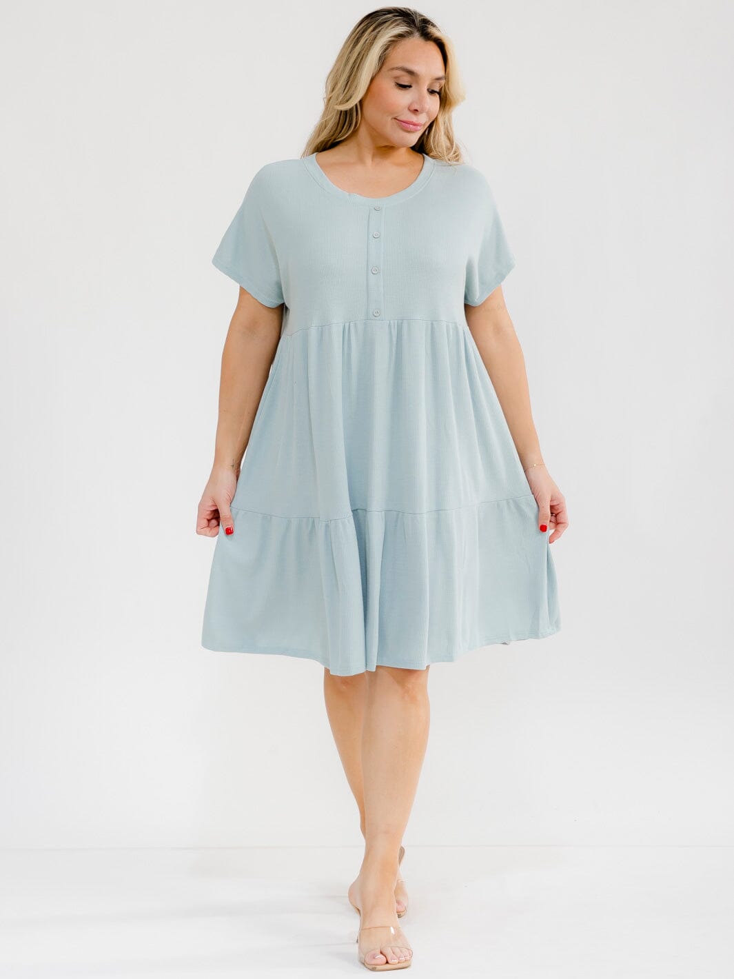 PLUS SIZE SHORT SLEEVE BUTTON UP TIERED TUNIC MINI DRESS