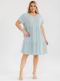PLUS SIZE SHORT SLEEVE BUTTON UP TIERED TUNIC MINI DRESS