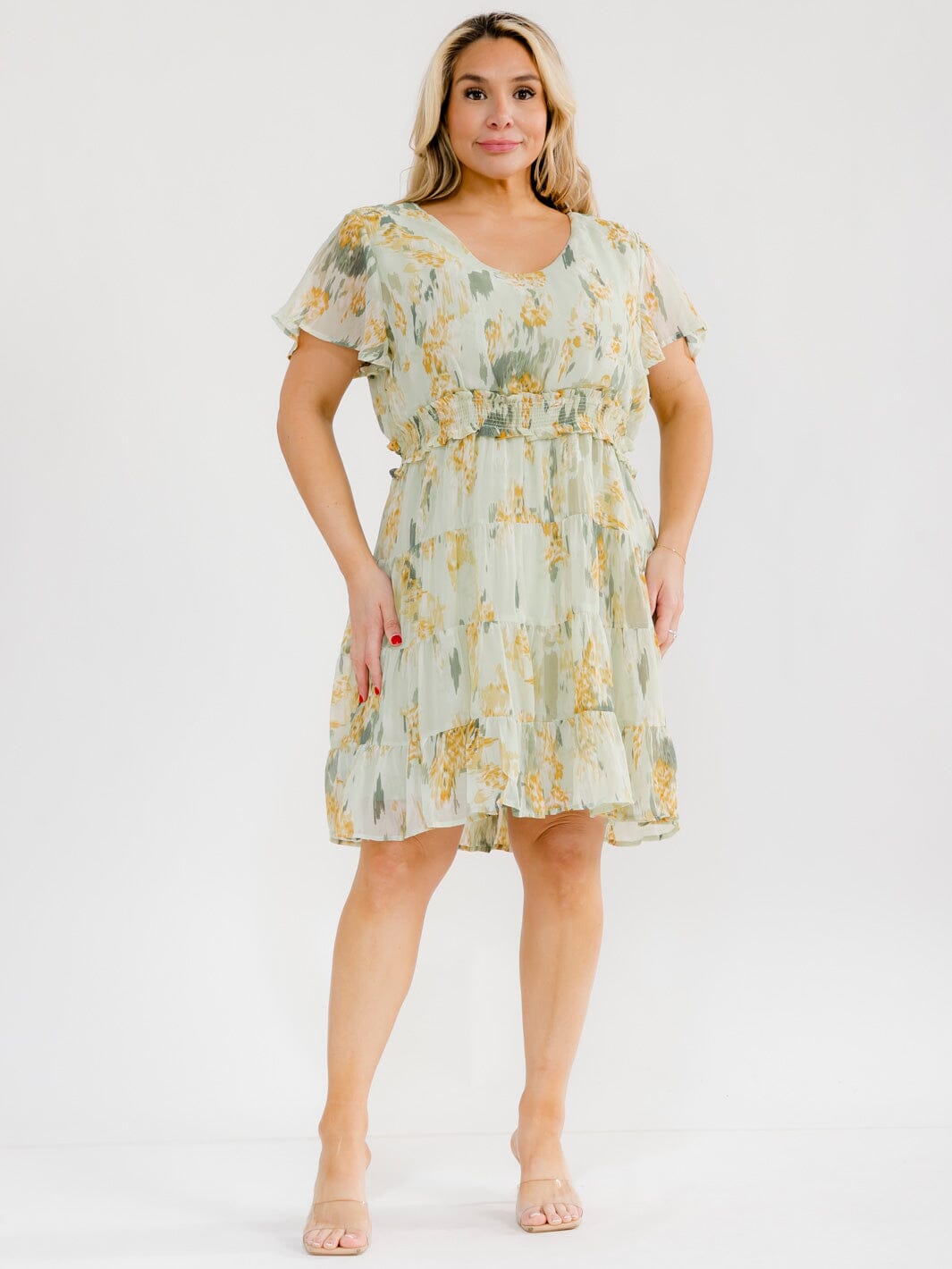 PLUS SIZE SHORT SLEEVE V-NECK ELASTIC WAIST FLORAL MINI DRESS