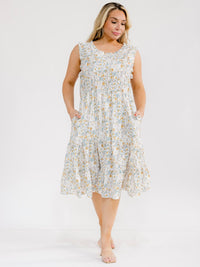 PLUS SIZE SLEEVELESS FRONT POCKETS ELASTIC WAIST TIERED FLORAL MIDI DRESS
