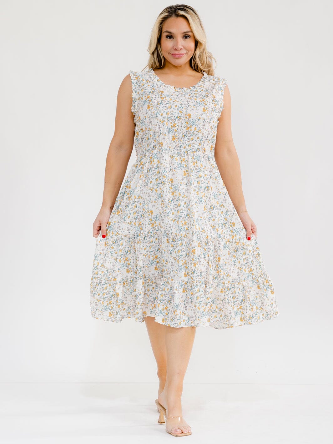 PLUS SIZE SLEEVELESS FRONT POCKETS ELASTIC WAIST TIERED FLORAL MIDI DRESS