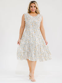 PLUS SIZE SLEEVELESS FRONT POCKETS ELASTIC WAIST TIERED FLORAL MIDI DRESS