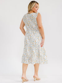 PLUS SIZE SLEEVELESS FRONT POCKETS ELASTIC WAIST TIERED FLORAL MIDI DRESS