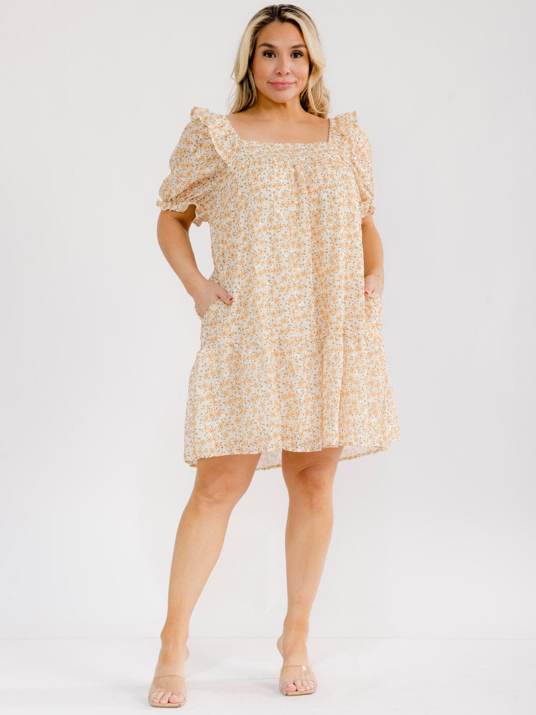 PLUS SIZE SHORT SLEEVE SQUARE NECK FRONT POCKETS SWISS FLORAL MINI DRESS