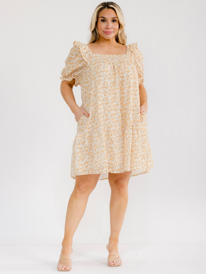 PLUS SIZE SHORT SLEEVE SQUARE NECK FRONT POCKETS SWISS FLORAL MINI DRESS