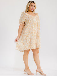 PLUS SIZE SHORT SLEEVE SQUARE NECK FRONT POCKETS SWISS FLORAL MINI DRESS