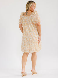 PLUS SIZE SHORT SLEEVE SQUARE NECK FRONT POCKETS SWISS FLORAL MINI DRESS