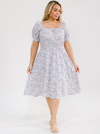 PLUS SIZE SHORT SLEEVE SQUARE NECK FRONT POCKETS FLORAL MIDI DRESS