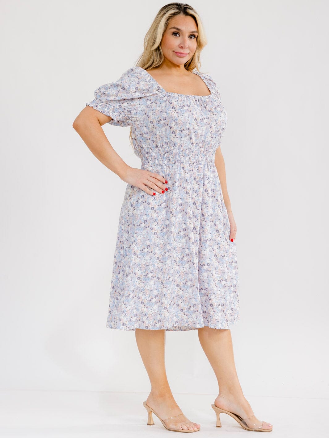 PLUS SIZE SHORT SLEEVE SQUARE NECK FRONT POCKETS FLORAL MIDI DRESS