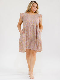 PLUS SIZE RUFFLE SLEEVE SQUARE NECK FRONT POCKETS FLORAL TUNIC MINI DRESS