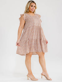 PLUS SIZE RUFFLE SLEEVE SQUARE NECK FRONT POCKETS FLORAL TUNIC MINI DRESS