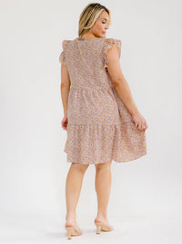 PLUS SIZE RUFFLE SLEEVE SQUARE NECK FRONT POCKETS FLORAL TUNIC MINI DRESS