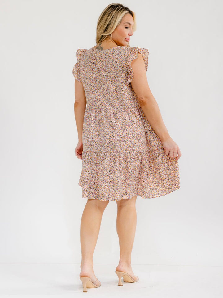 PLUS SIZE RUFFLE SLEEVE SQUARE NECK FRONT POCKETS FLORAL TUNIC MINI DRESS