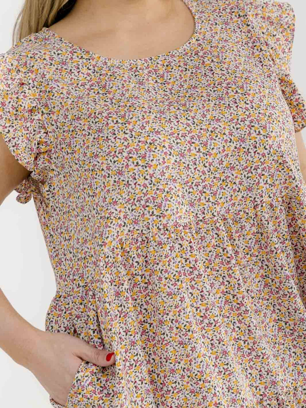 PLUS SIZE RUFFLE SLEEVE SQUARE NECK FRONT POCKETS FLORAL TUNIC MINI DRESS