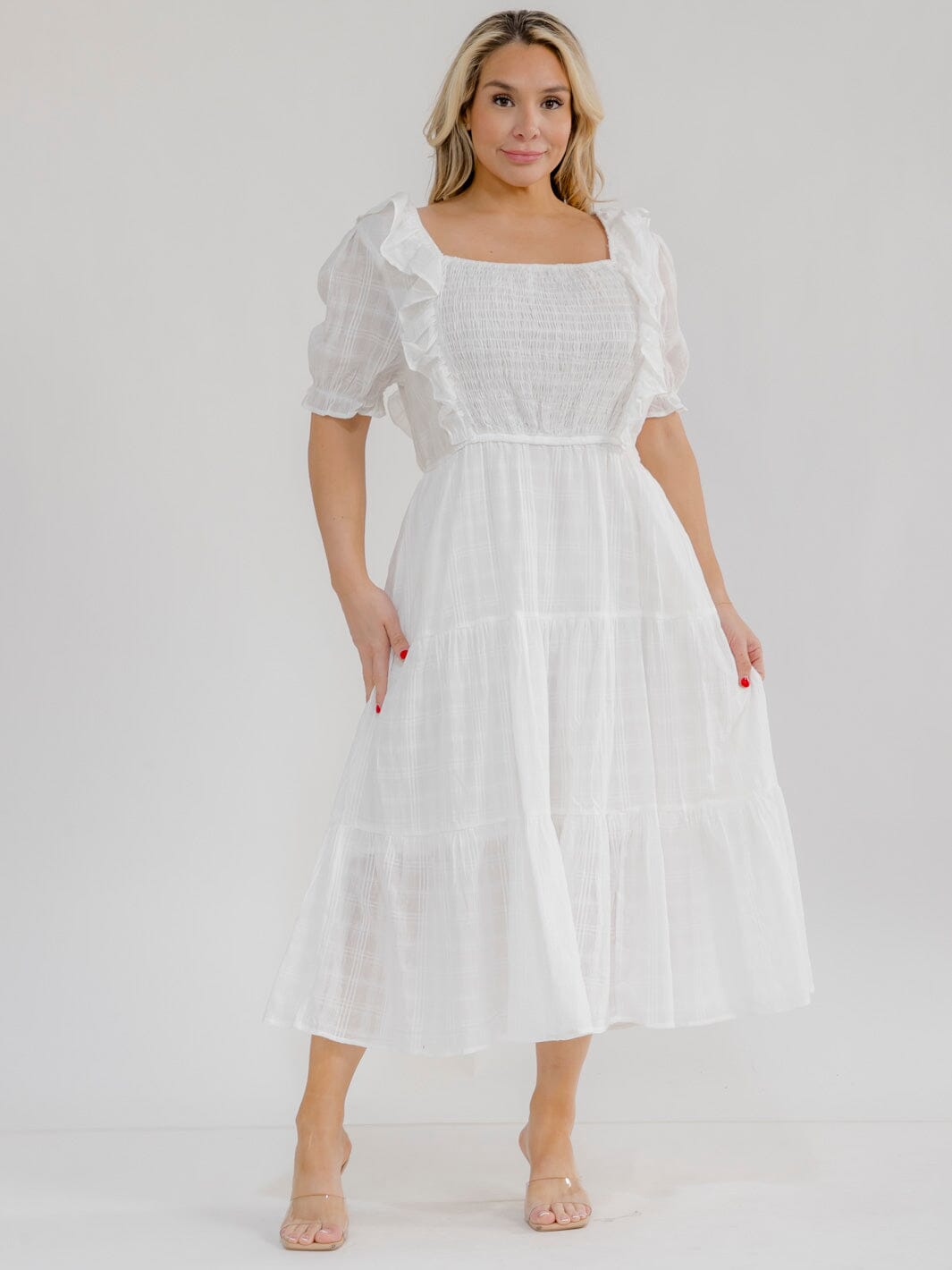 PLUS SIZE SHORT SLEEVE SQUARE NECK FRONT POCKETS TIERED MAXI DRESS