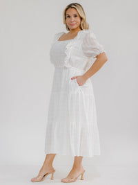 PLUS SIZE SHORT SLEEVE SQUARE NECK FRONT POCKETS TIERED MAXI DRESS