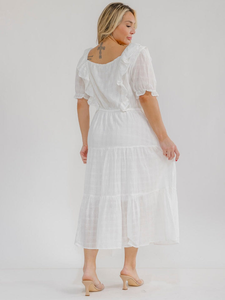 PLUS SIZE SHORT SLEEVE SQUARE NECK FRONT POCKETS TIERED MAXI DRESS