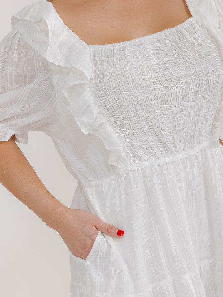 PLUS SIZE SHORT SLEEVE SQUARE NECK FRONT POCKETS TIERED MAXI DRESS