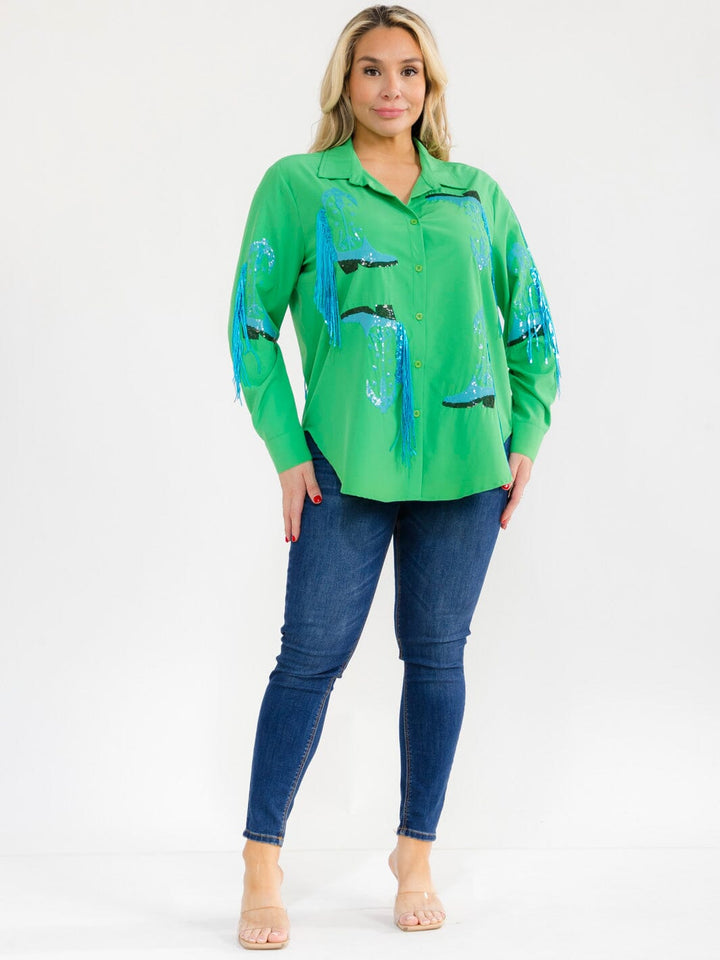 PLUS SIZE LONG SLEEVE BUTTON UP HIGH-LOW SEQUINS FRINGE TOP