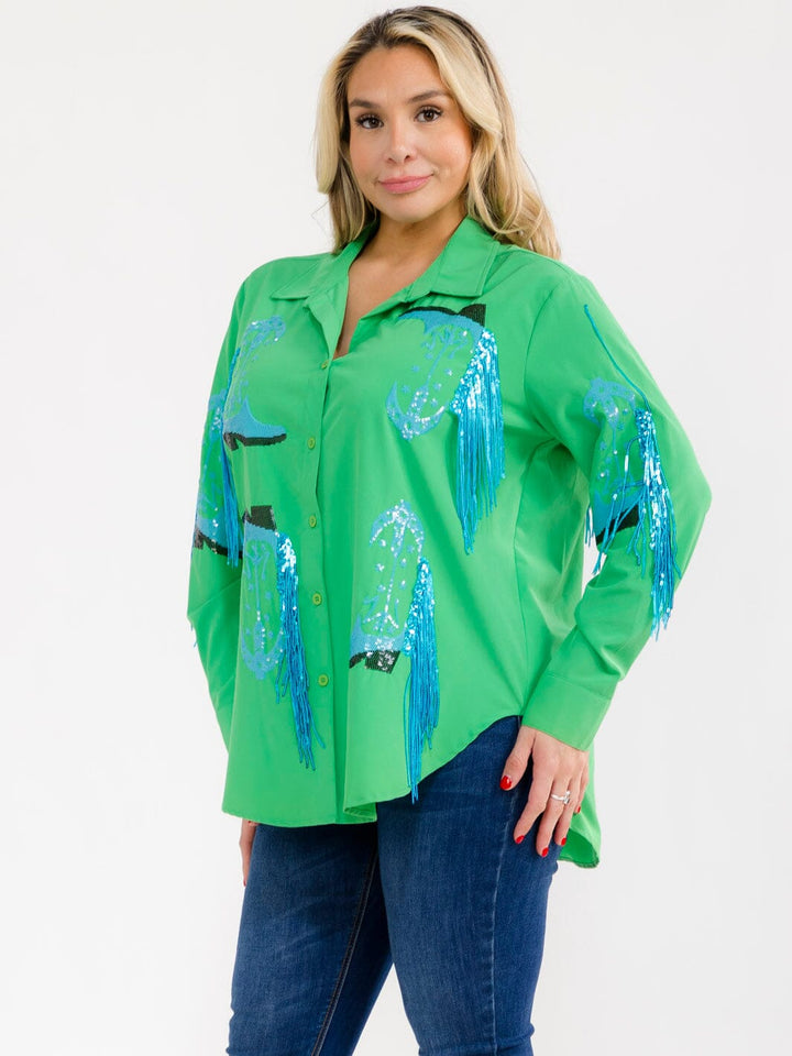 PLUS SIZE LONG SLEEVE BUTTON UP HIGH-LOW SEQUINS FRINGE TOP