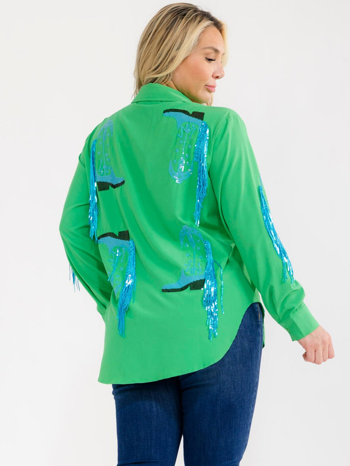 PLUS SIZE LONG SLEEVE BUTTON UP HIGH-LOW SEQUINS FRINGE TOP