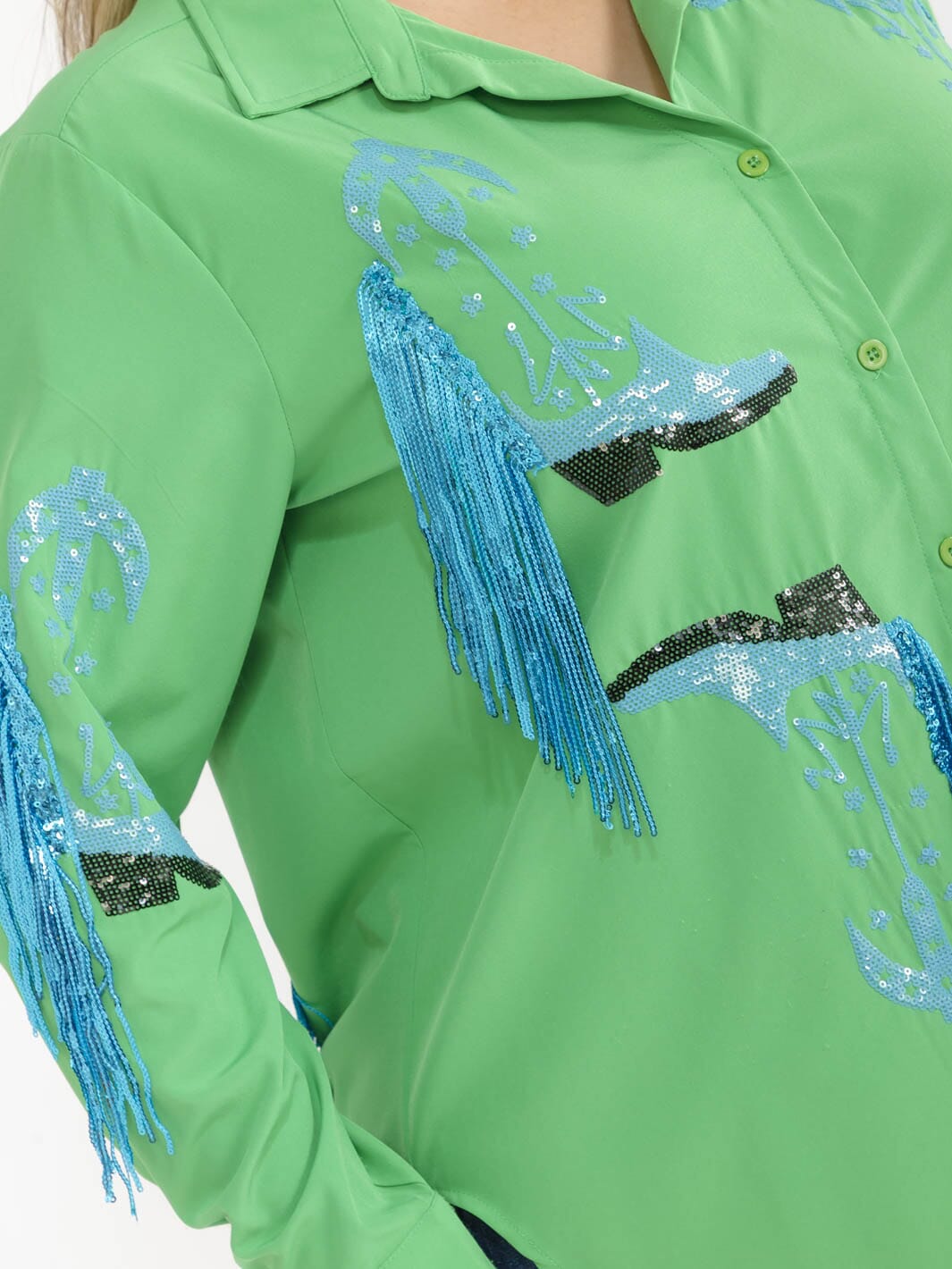 PLUS SIZE LONG SLEEVE BUTTON UP HIGH-LOW SEQUINS FRINGE TOP