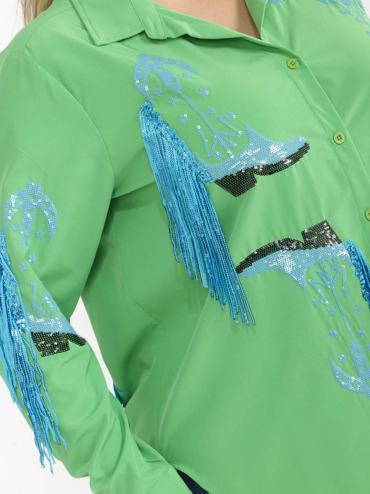 PLUS SIZE LONG SLEEVE BUTTON UP HIGH-LOW SEQUINS FRINGE TOP