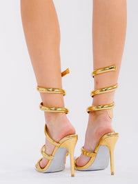 CAPE ROBBIN WOMEN'S METALLIC SQUARE TOE ANKLE WRAP 4 INCH HEELS